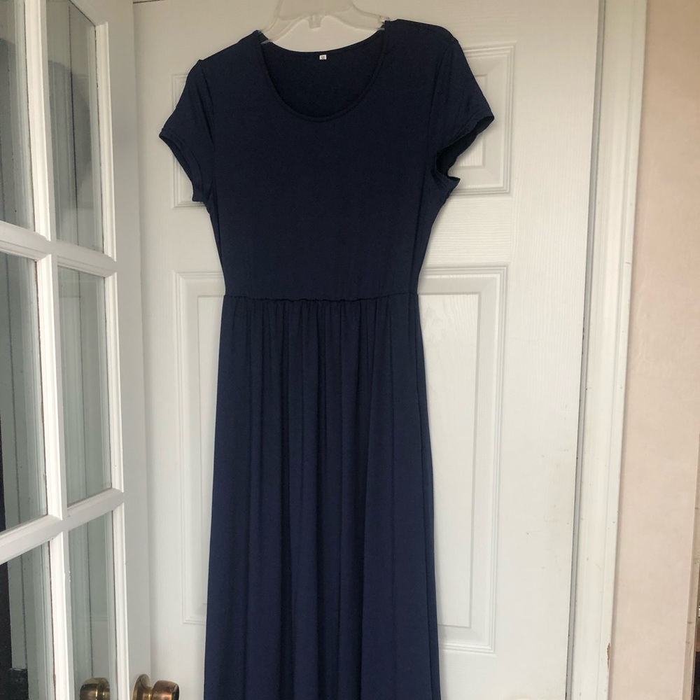 Navy floor length jerzey knit dress